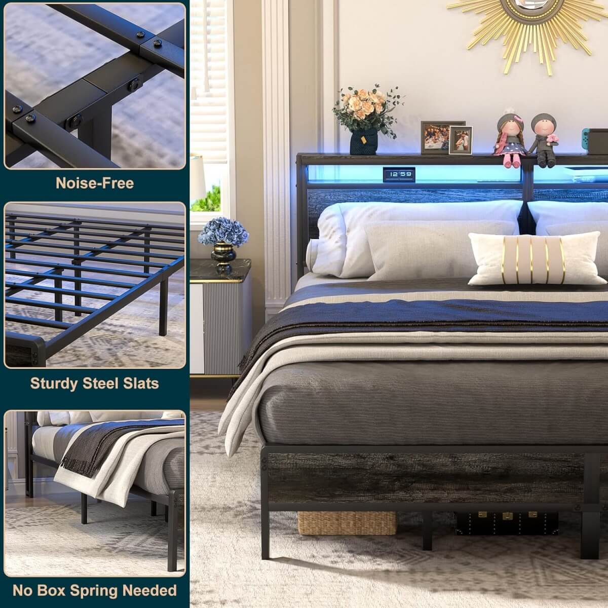 King Size Heavy Duty Metal Bed Frame with Headboard, Outlets, and LED Lights