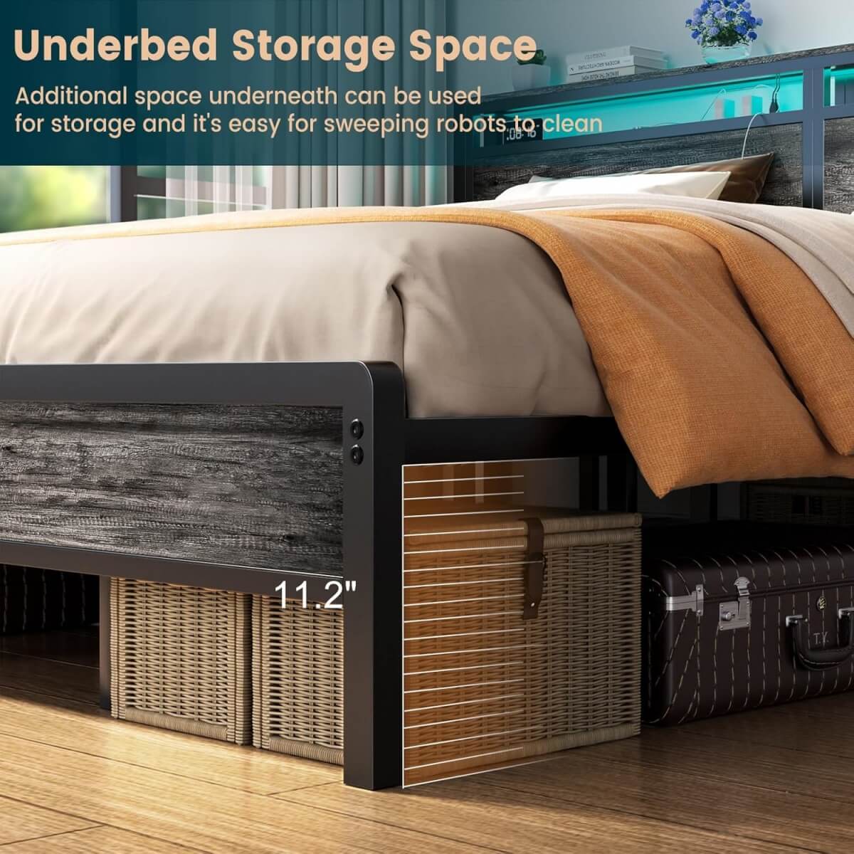 King Size Heavy Duty Metal Bed Frame with Headboard, Outlets, and LED Lights