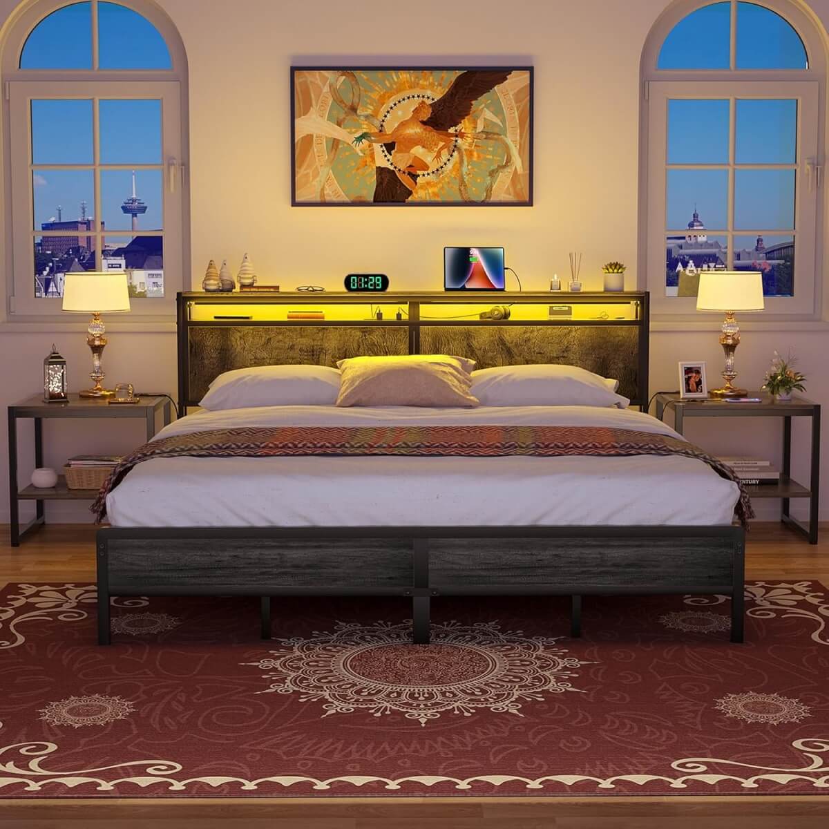 King Size Heavy Duty Metal Bed Frame with Headboard, Outlets, and LED Lights