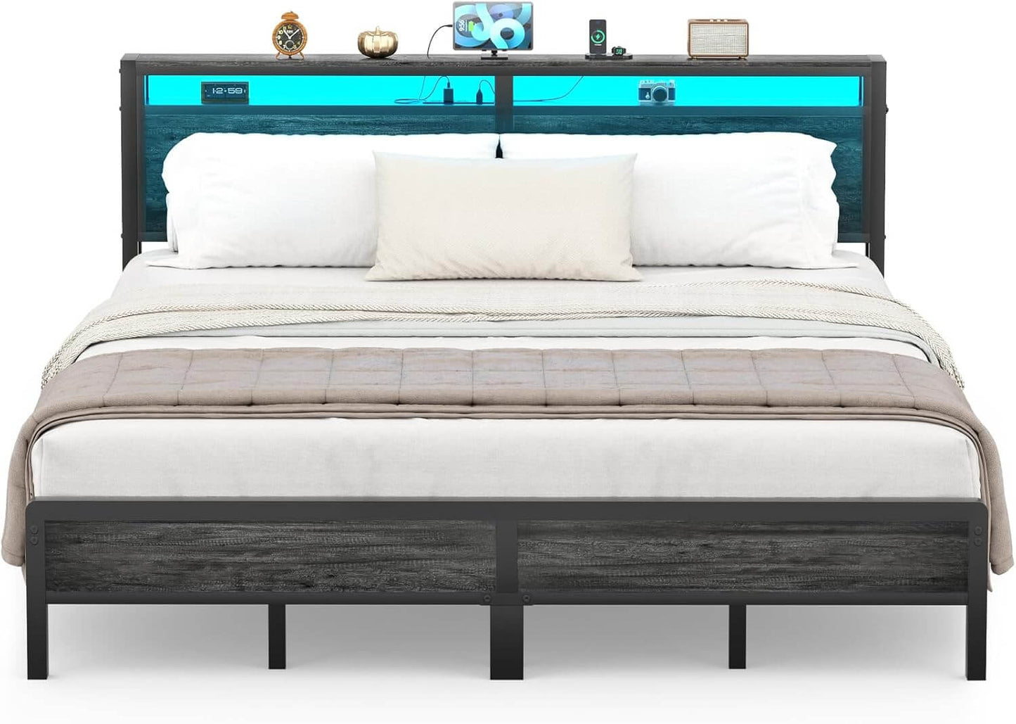King Size Heavy Duty Metal Bed Frame with Headboard, Outlets, and LED Lights