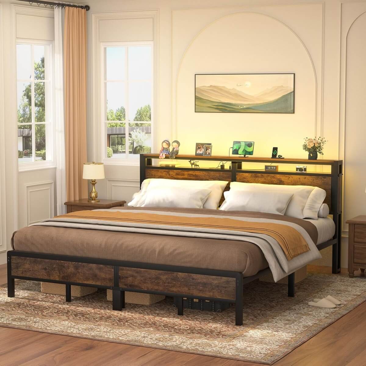 King Size Heavy Duty Metal Bed Frame with Headboard, Outlets, and LED Lights