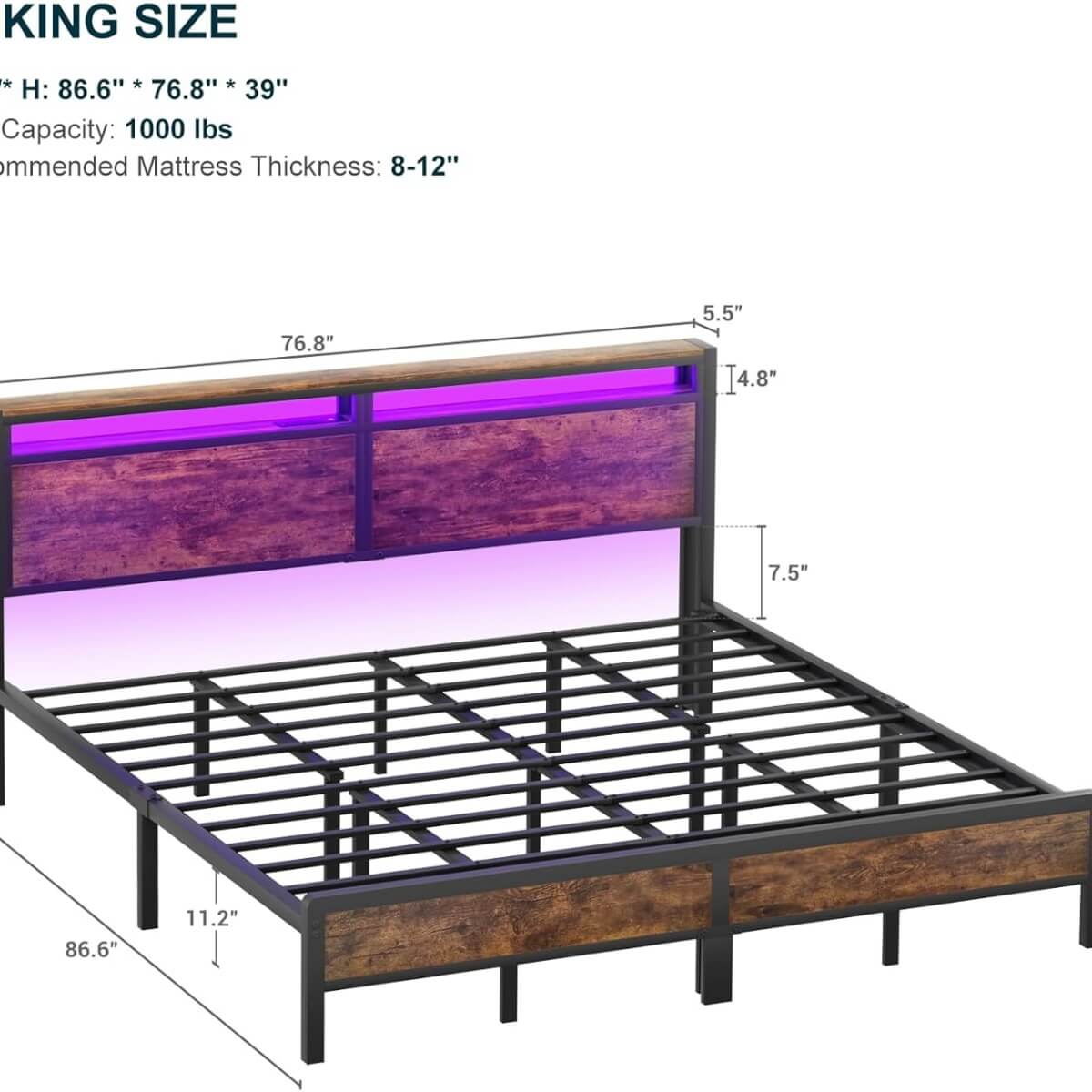 King Size Heavy Duty Metal Bed Frame with Headboard, Outlets, and LED Lights