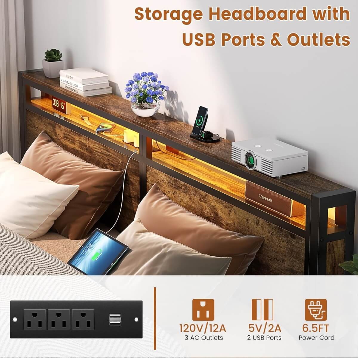 King Size Heavy Duty Metal Bed Frame with Headboard, Outlets, and LED Lights