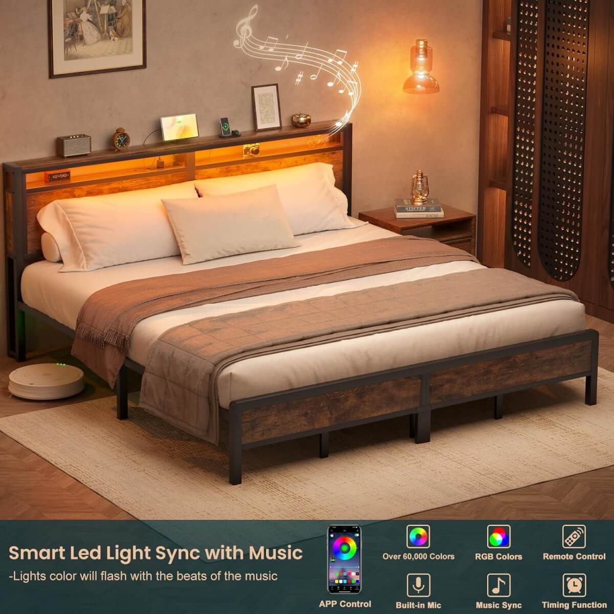 King Size Heavy Duty Metal Bed Frame with Headboard, Outlets, and LED Lights