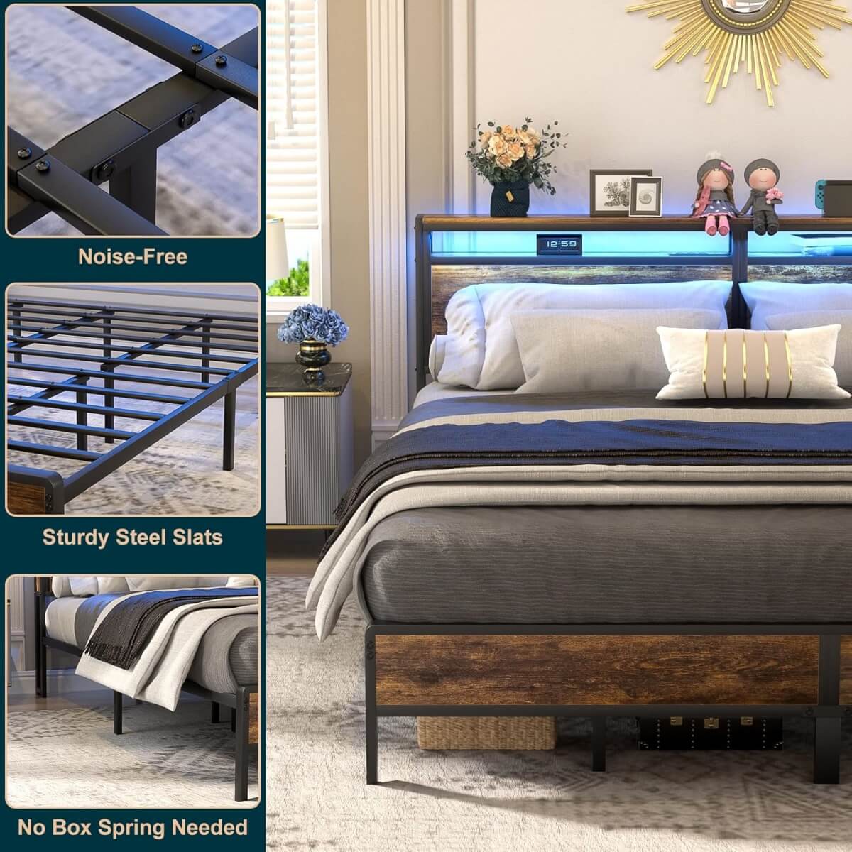 King Size Heavy Duty Metal Bed Frame with Headboard, Outlets, and LED Lights