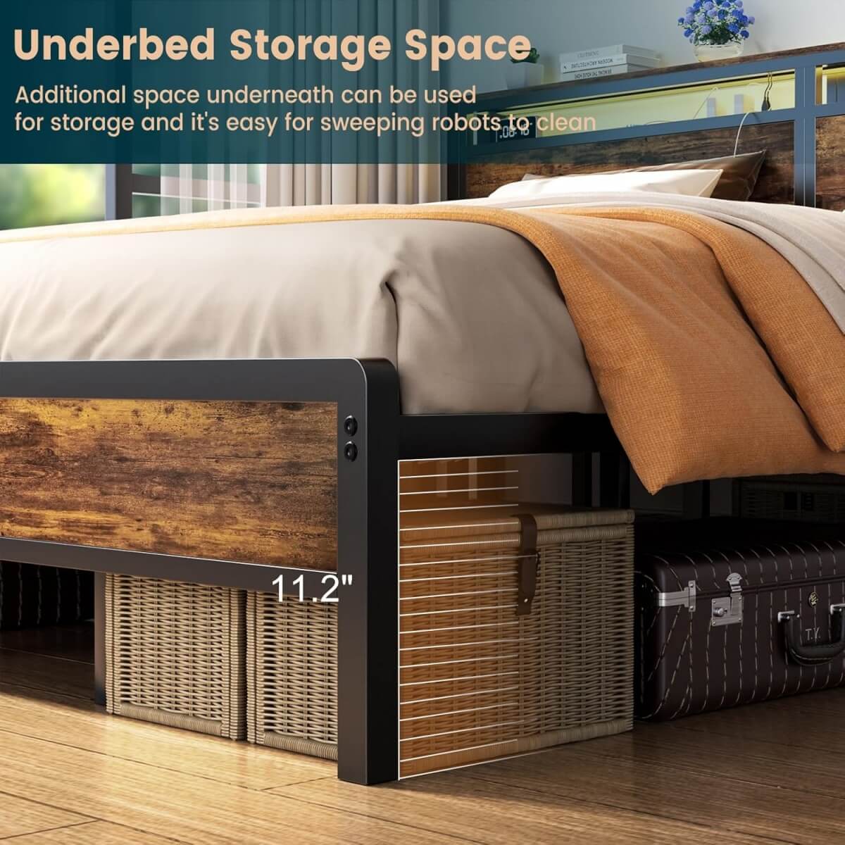 King Size Heavy Duty Metal Bed Frame with Headboard, Outlets, and LED Lights