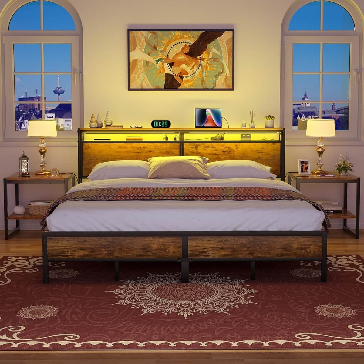 King Size Heavy Duty Metal Bed Frame with Headboard, Outlets, and LED Lights