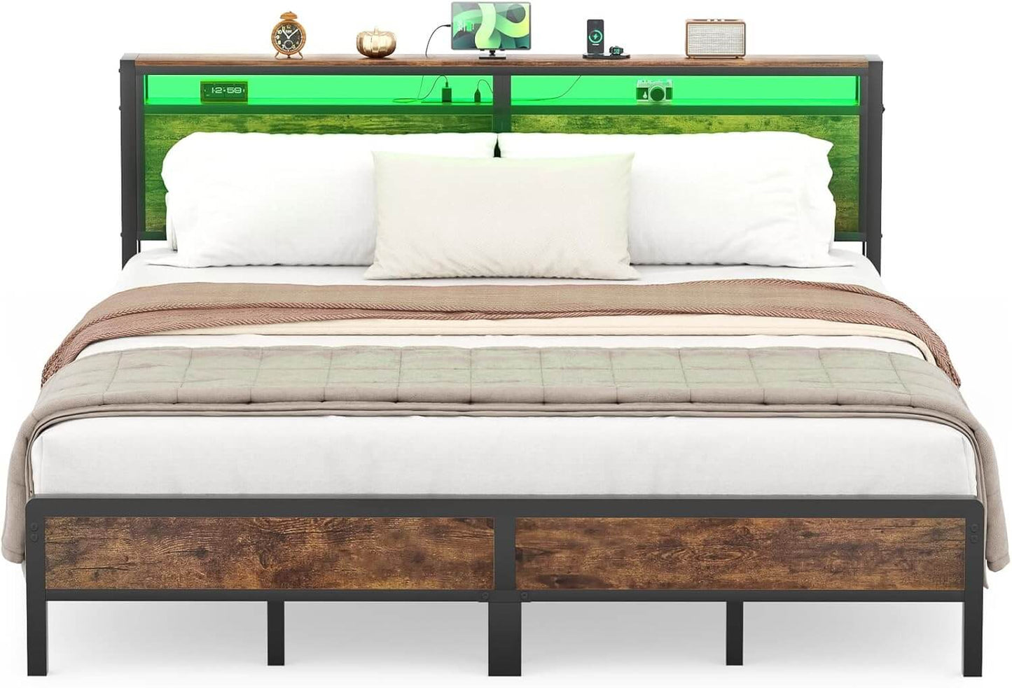 King Size Heavy Duty Metal Bed Frame with Headboard, Outlets, and LED Lights
