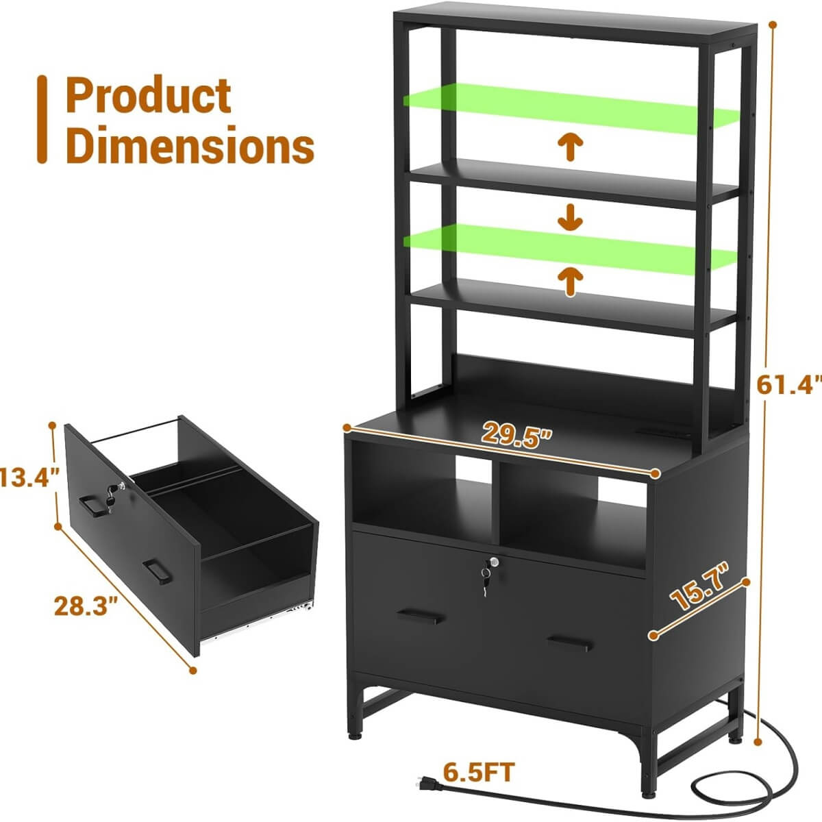 Vertical File Cabinet with Charging Station & Lock Drawer, fits Letter/A4/Legal Size