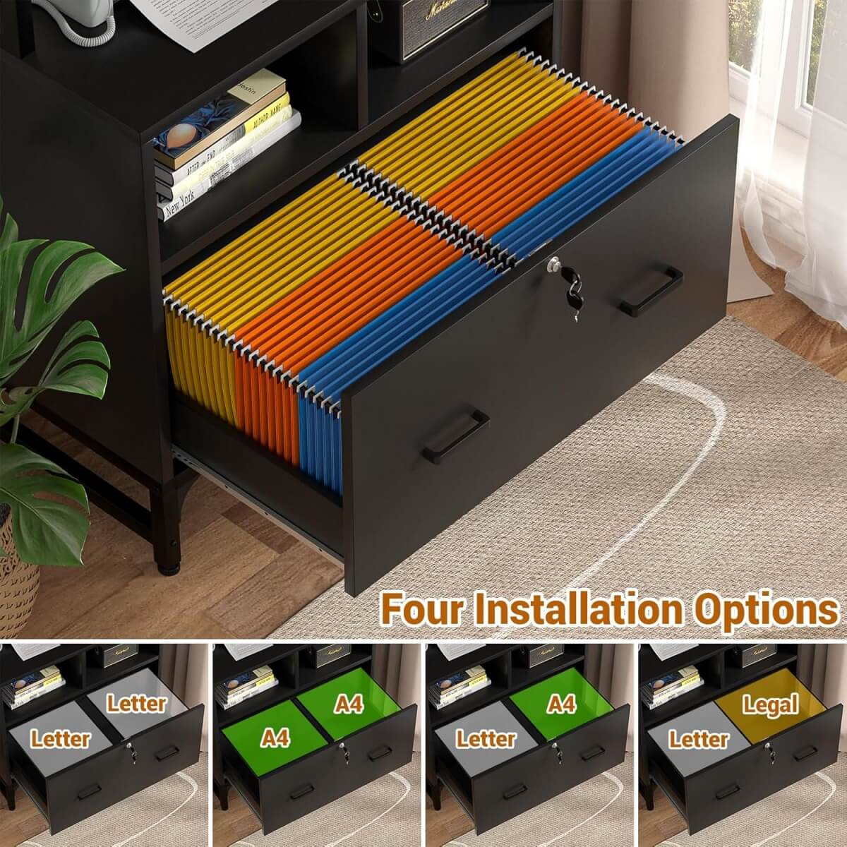 Vertical File Cabinet with Charging Station & Lock Drawer, fits Letter/A4/Legal Size