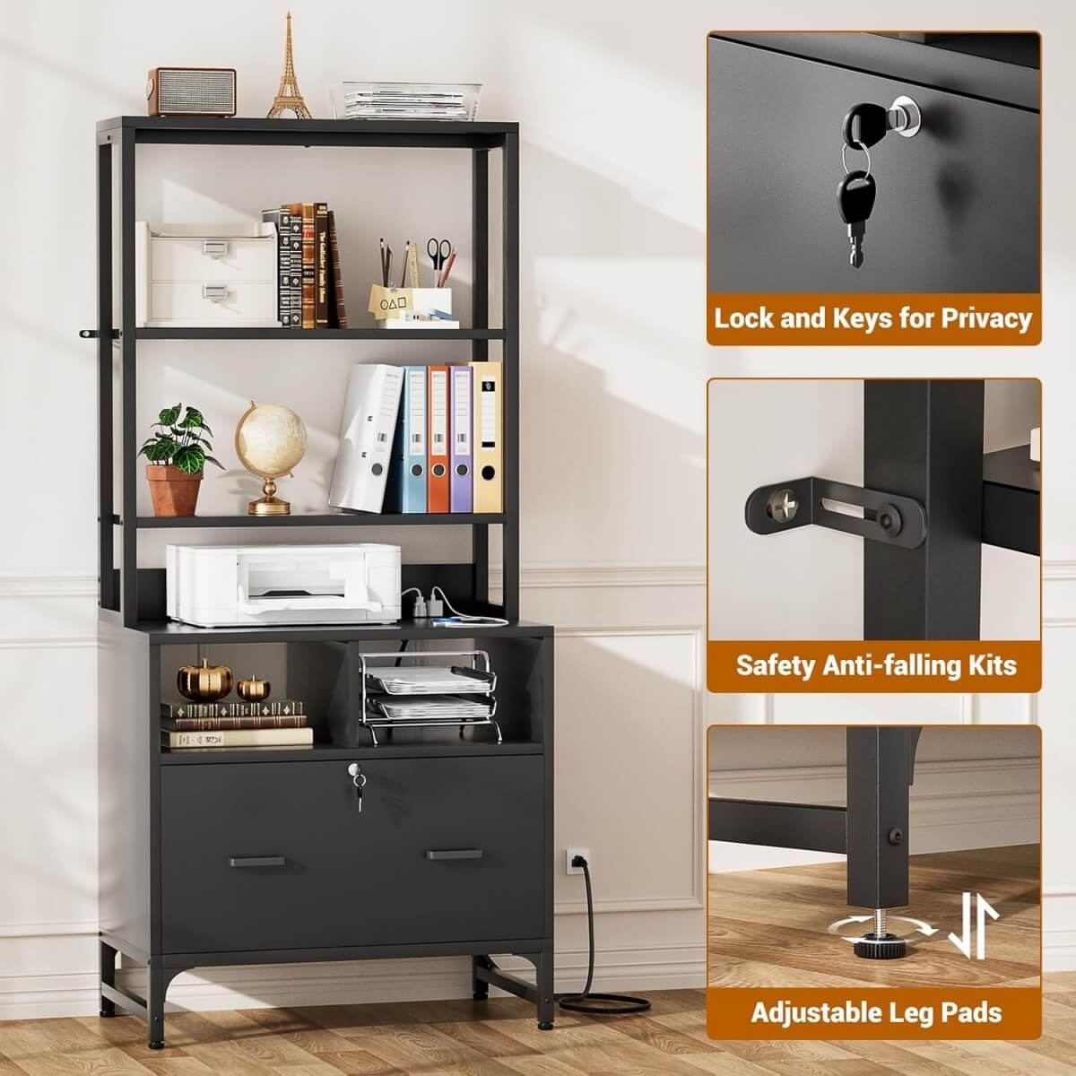 Vertical File Cabinet with Charging Station & Lock Drawer, fits Letter/A4/Legal Size