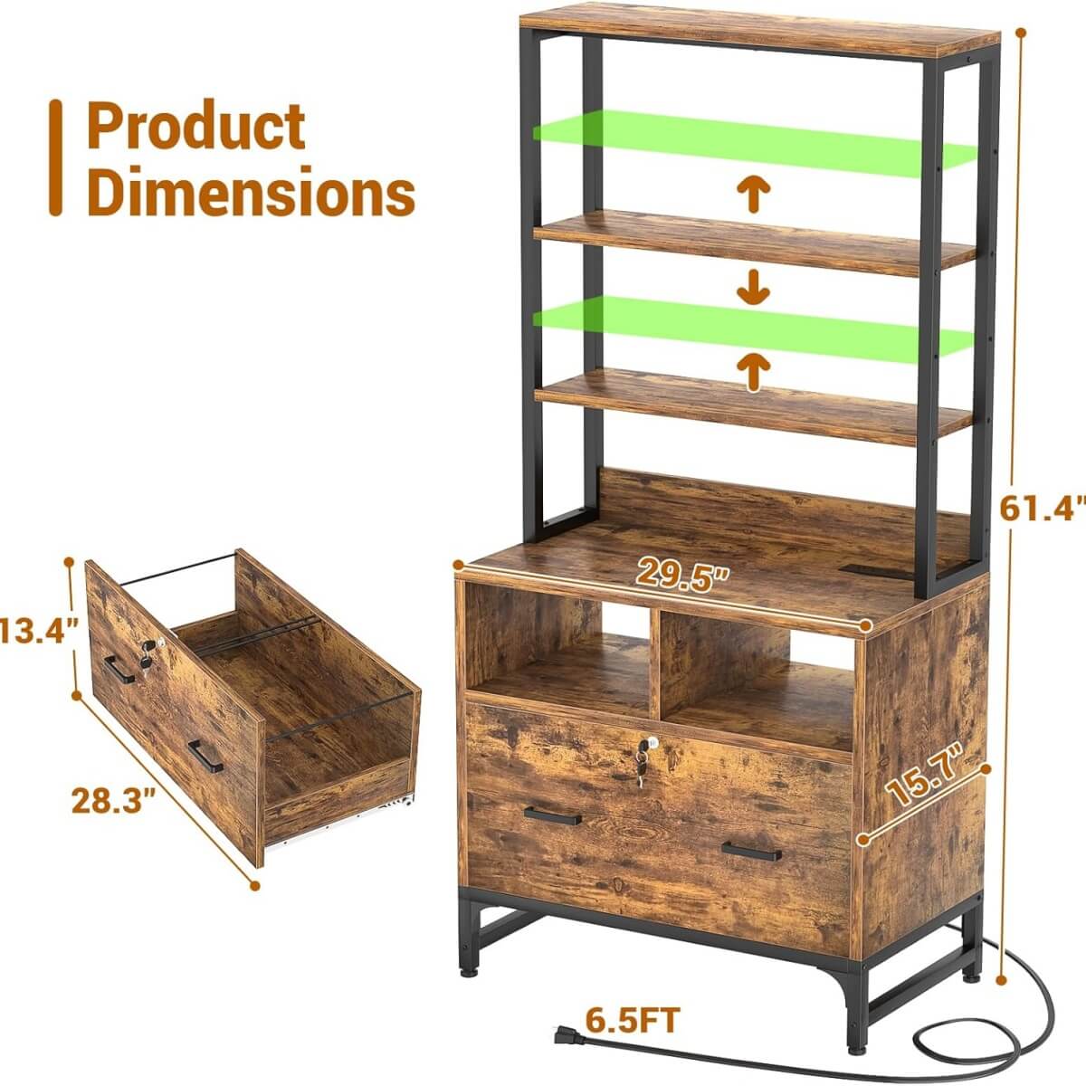 Vertical File Cabinet with Charging Station & Lock Drawer, fits Letter/A4/Legal Size