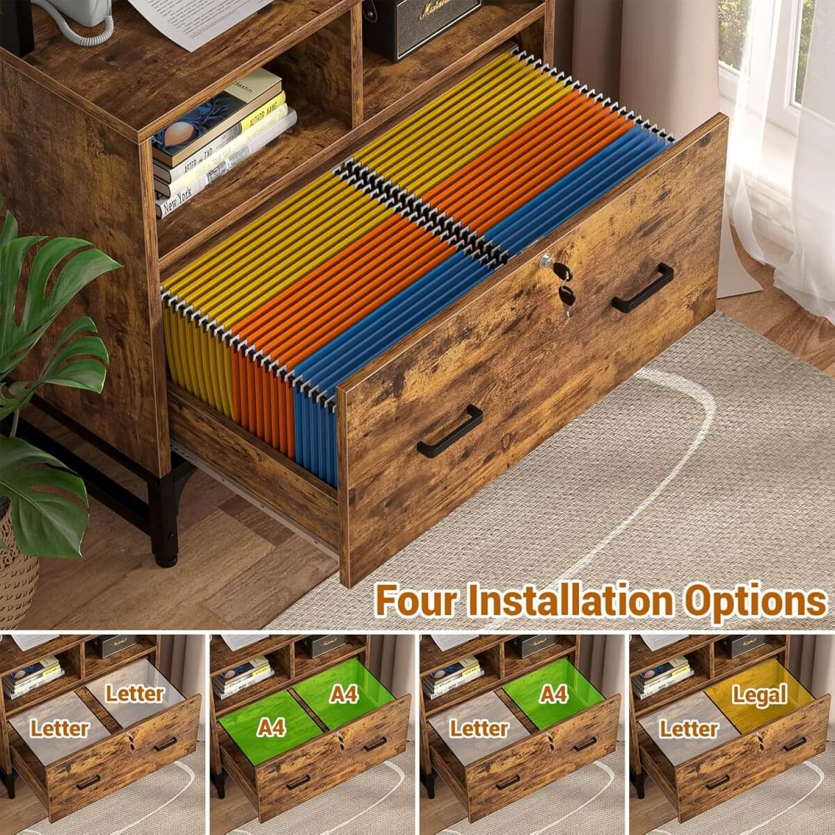 Vertical File Cabinet with Charging Station & Lock Drawer, fits Letter/A4/Legal Size
