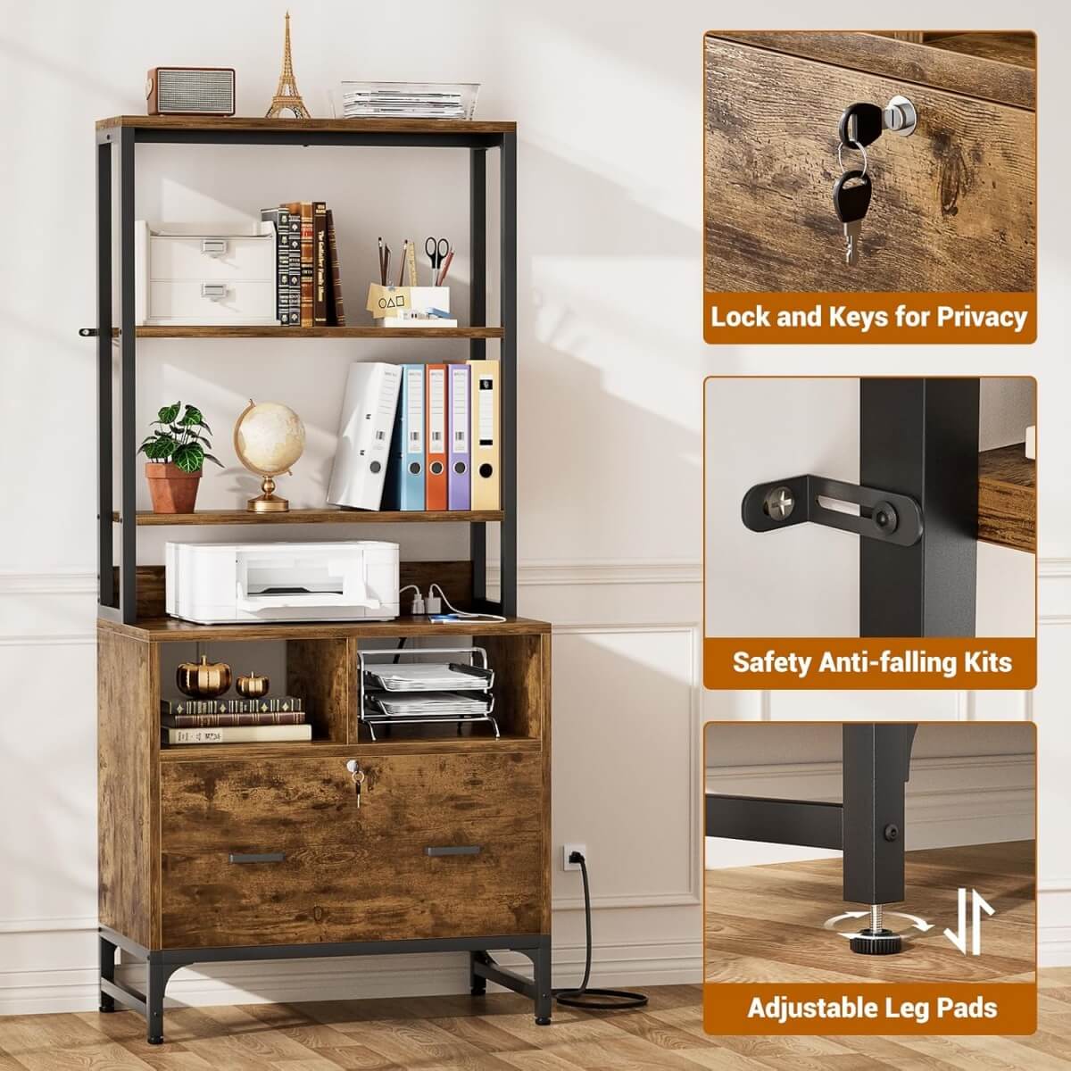 Vertical File Cabinet with Charging Station & Lock Drawer, fits Letter/A4/Legal Size