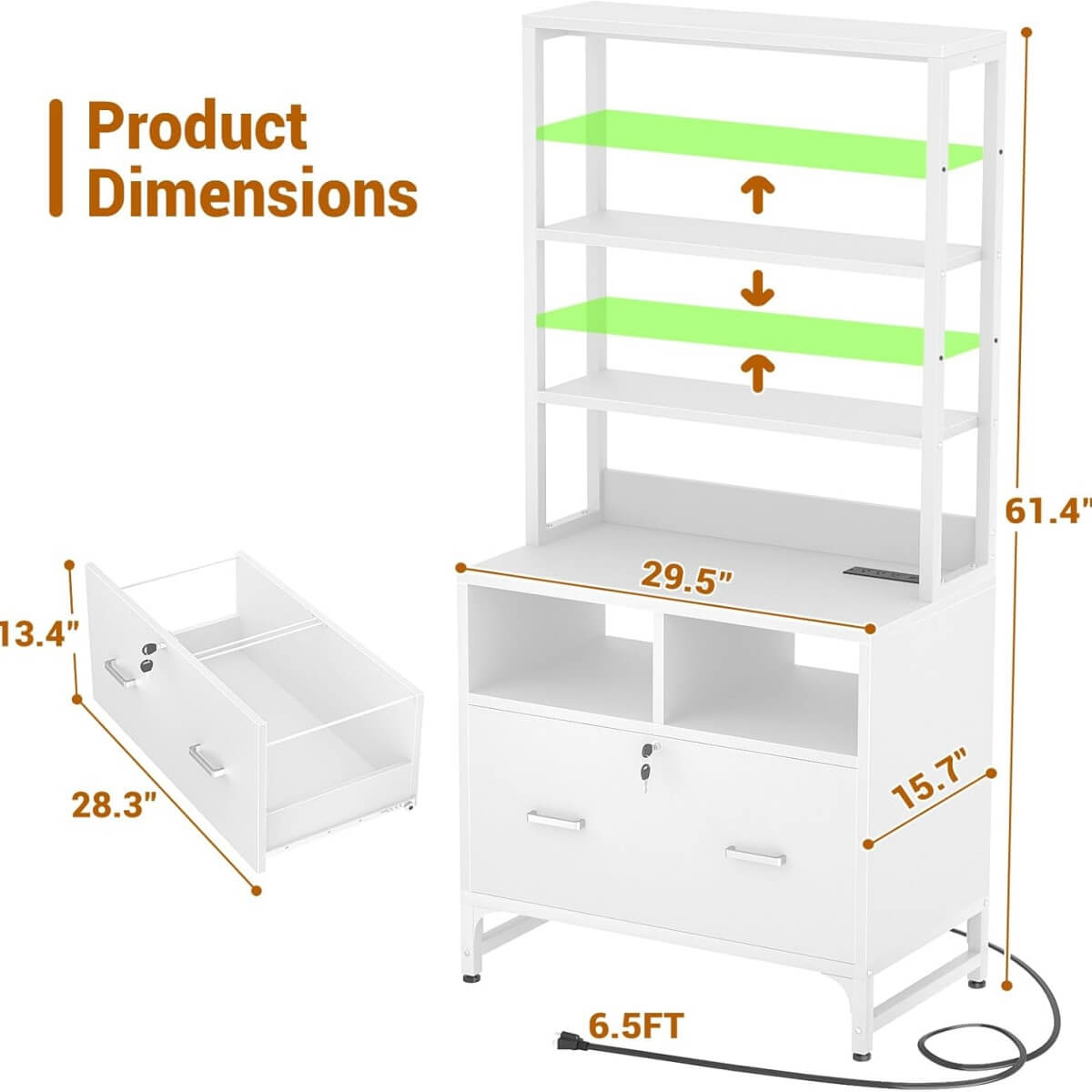 Vertical File Cabinet with Charging Station & Lock Drawer, fits Letter/A4/Legal Size