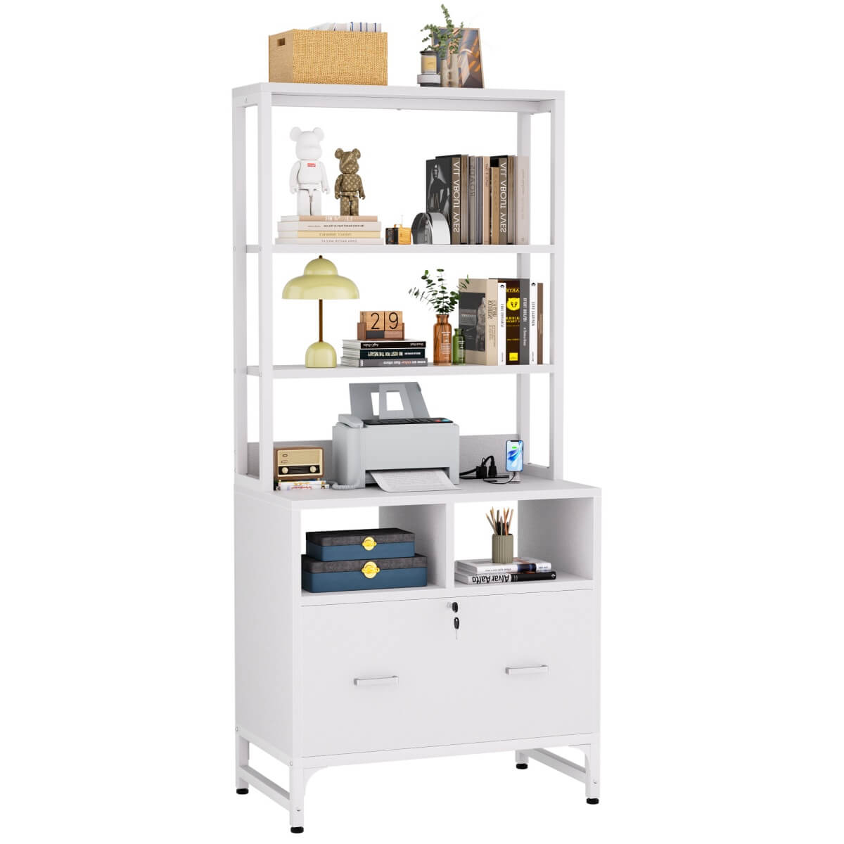 Vertical File Cabinet with Charging Station & Lock Drawer, fits Letter/A4/Legal Size