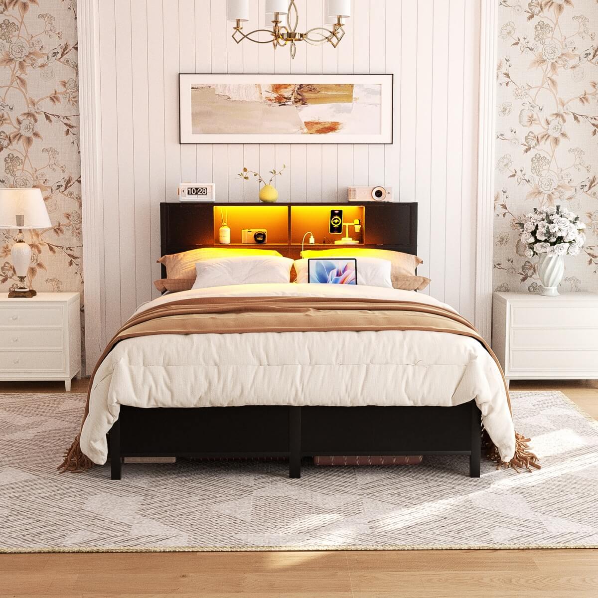 Full Size Bed Frame with Storage Headboard, Built in Charging Station and LED Lights, 800 lbs Capacity