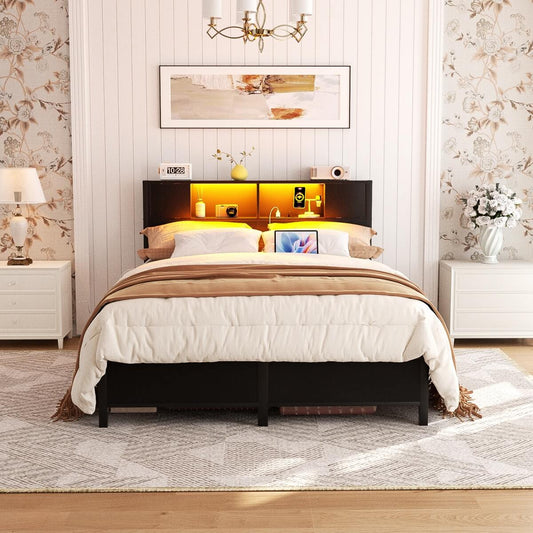 Full Size Bed Frame with Storage Headboard, Built in Charging Station and LED Lights, 800 lbs Capacity
