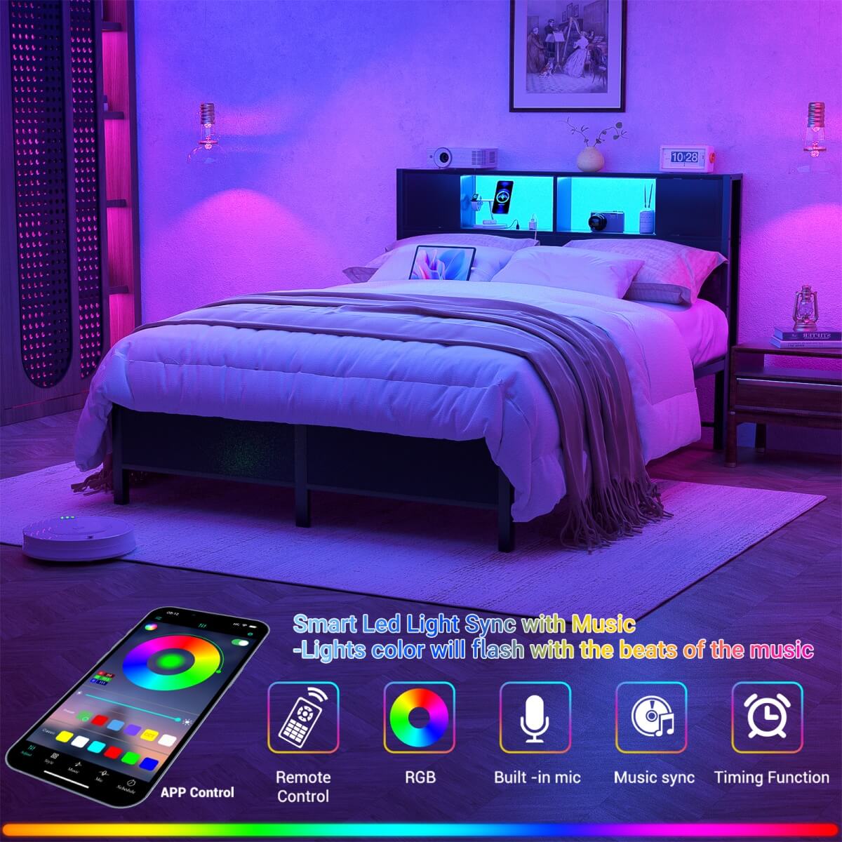 Full Size Bed Frame with Storage Headboard, Built in Charging Station and LED Lights, 800 lbs Capacity
