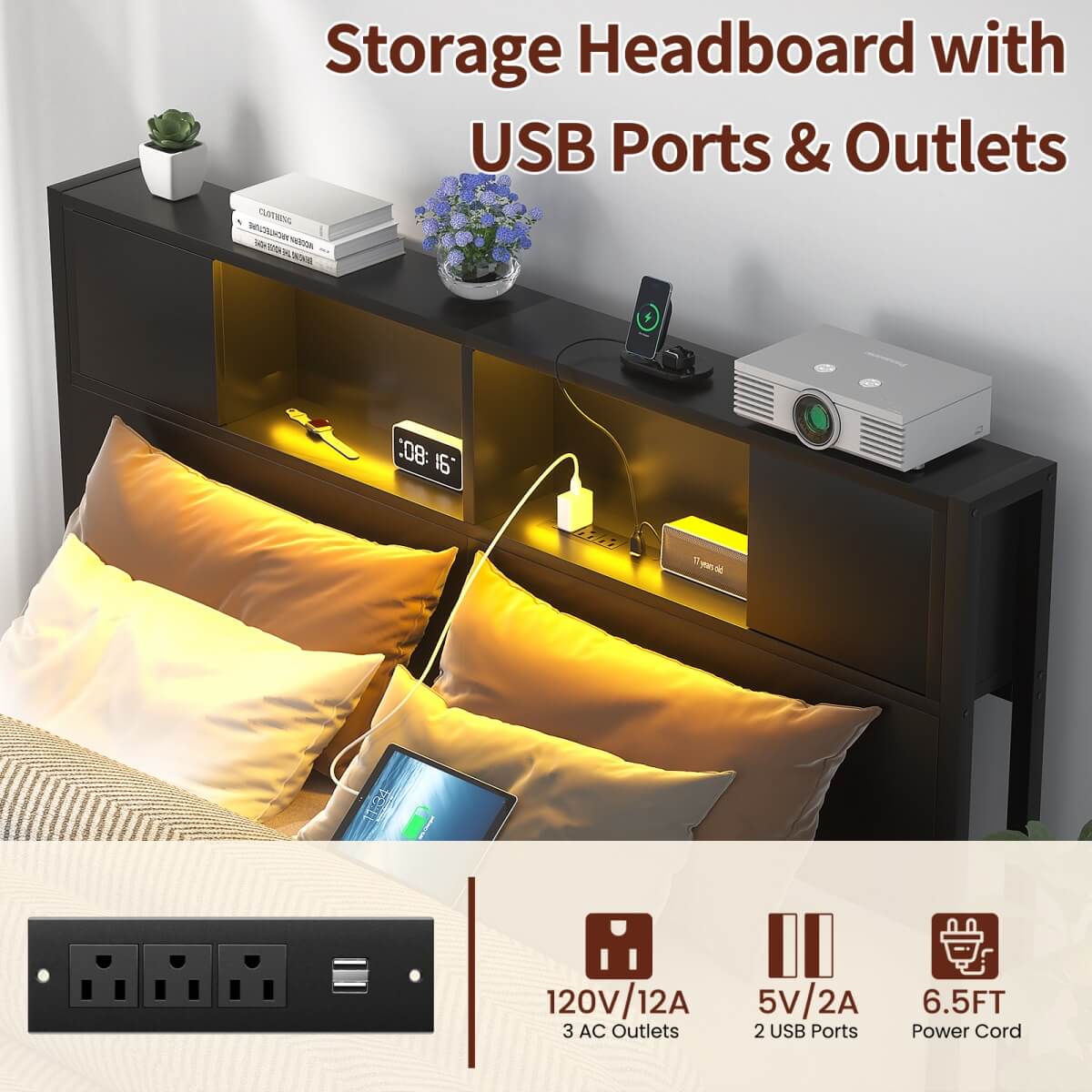 Full Size Bed Frame with Storage Headboard, Built in Charging Station and LED Lights, 800 lbs Capacity