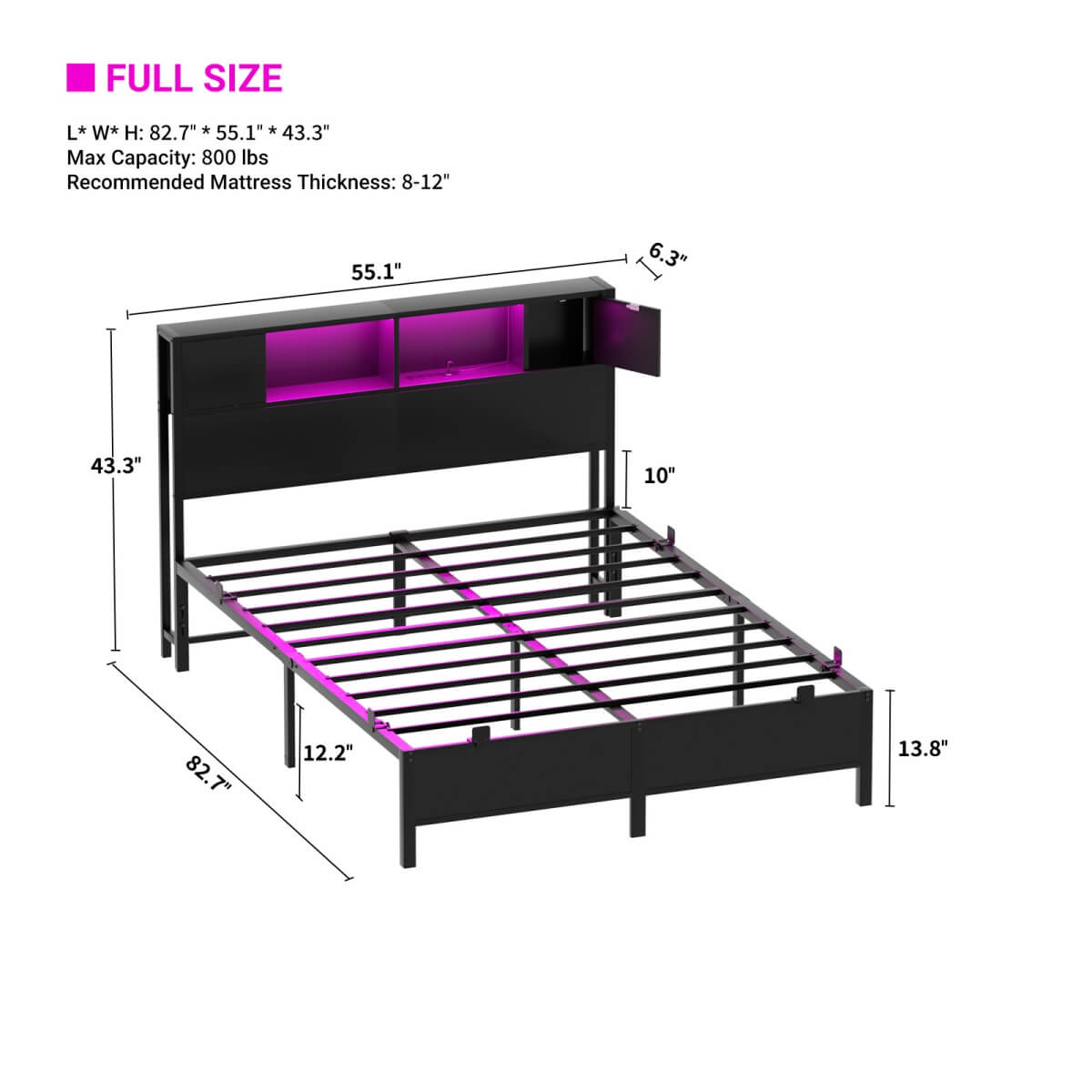 Full Size Bed Frame with Storage Headboard, Built in Charging Station and LED Lights, 800 lbs Capacity