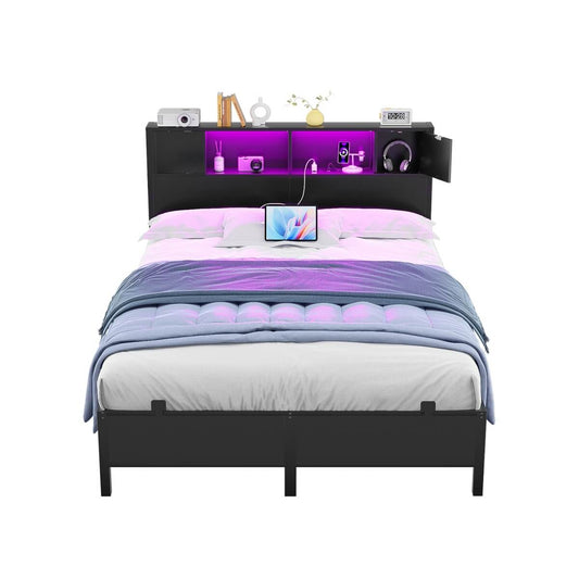 Full Size Bed Frame with Storage Headboard, Built in Charging Station and LED Lights, 800 lbs Capacity