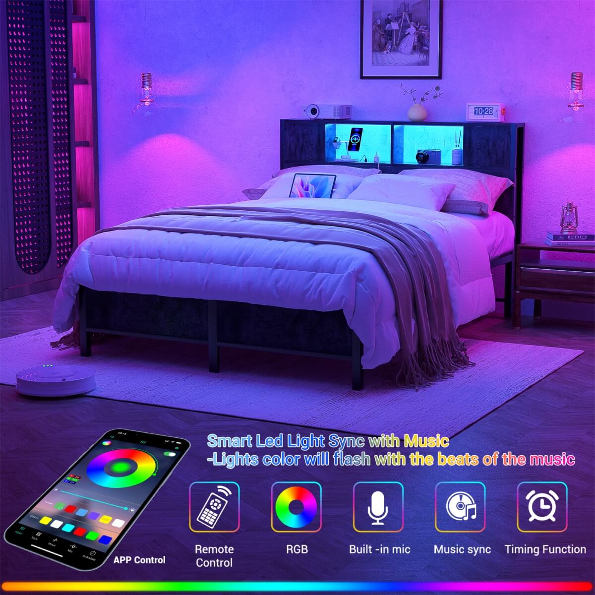 Full Size Bed Frame with Storage Headboard, Built in Charging Station and LED Lights, 800 lbs Capacity