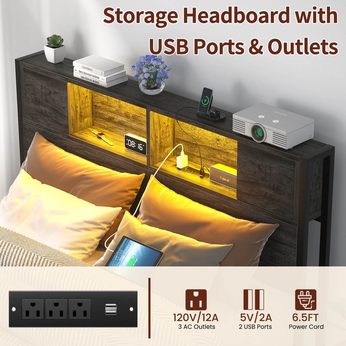 Full Size Bed Frame with Storage Headboard, Built in Charging Station and LED Lights, 800 lbs Capacity