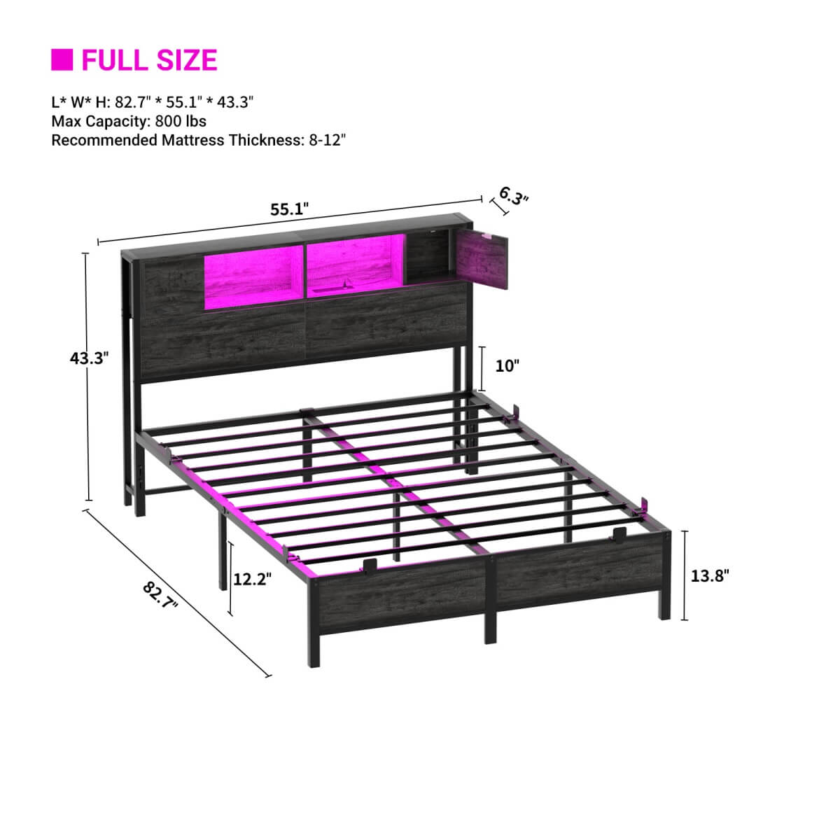 Full Size Bed Frame with Storage Headboard, Built in Charging Station and LED Lights, 800 lbs Capacity