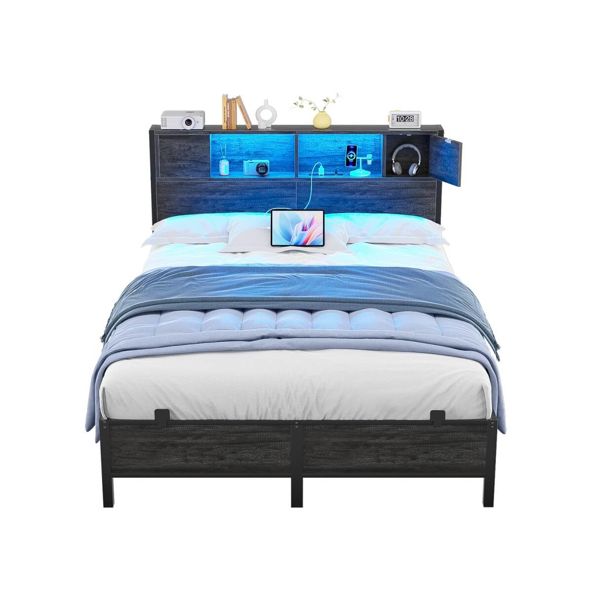 Full Size Bed Frame with Storage Headboard, Built in Charging Station and LED Lights, 800 lbs Capacity