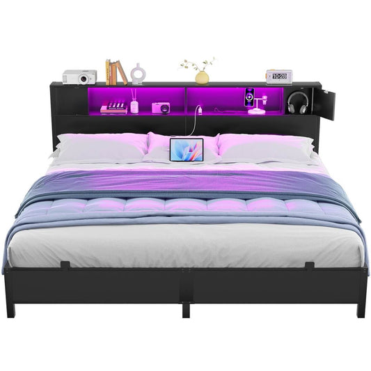 King Size Bed Frame with Storage Headboard, Built in Charging Station and LED Lights, 1000 lbs Capacity