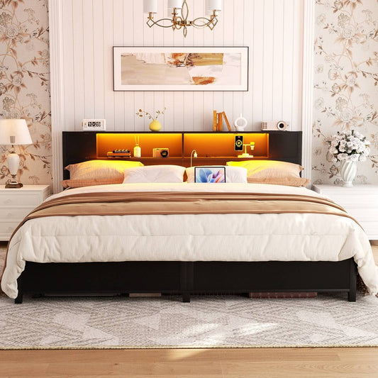 King Size Bed Frame with Storage Headboard, Built in Charging Station and LED Lights, 1000 lbs Capacity