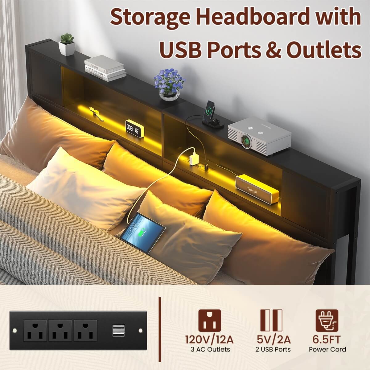 King Size Bed Frame with Storage Headboard, Built in Charging Station and LED Lights, 1000 lbs Capacity