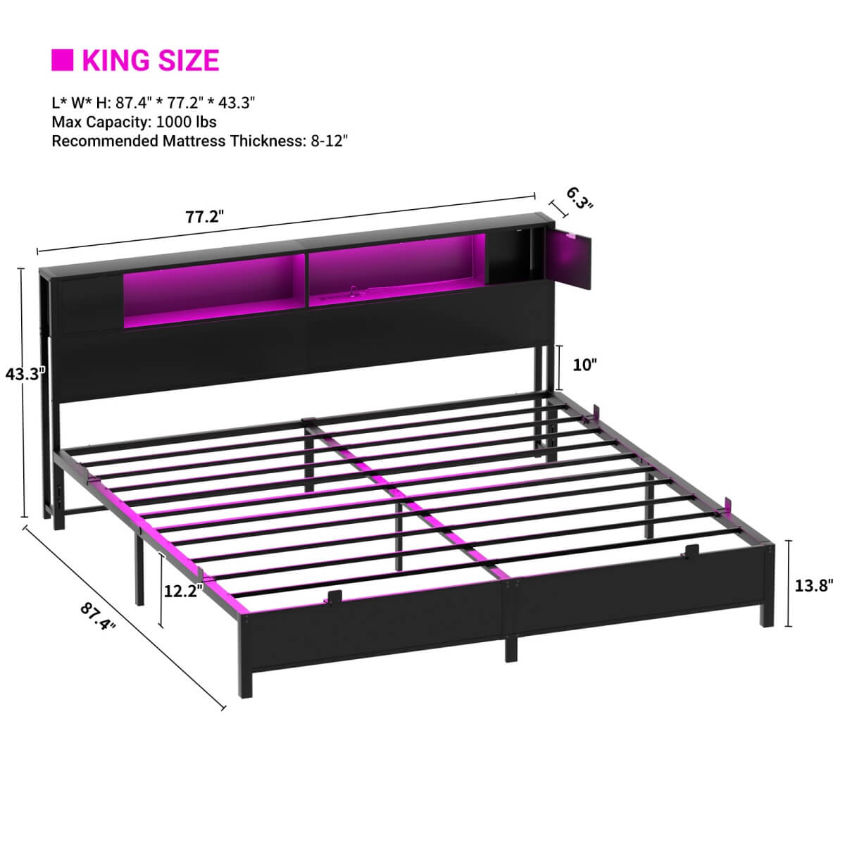King Size Bed Frame with Storage Headboard, Built in Charging Station and LED Lights, 1000 lbs Capacity