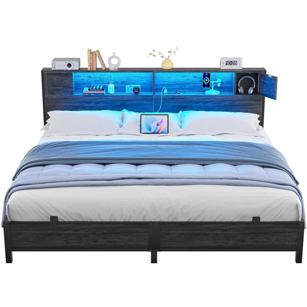 King Size Bed Frame with Storage Headboard, Built in Charging Station and LED Lights, 1000 lbs Capacity