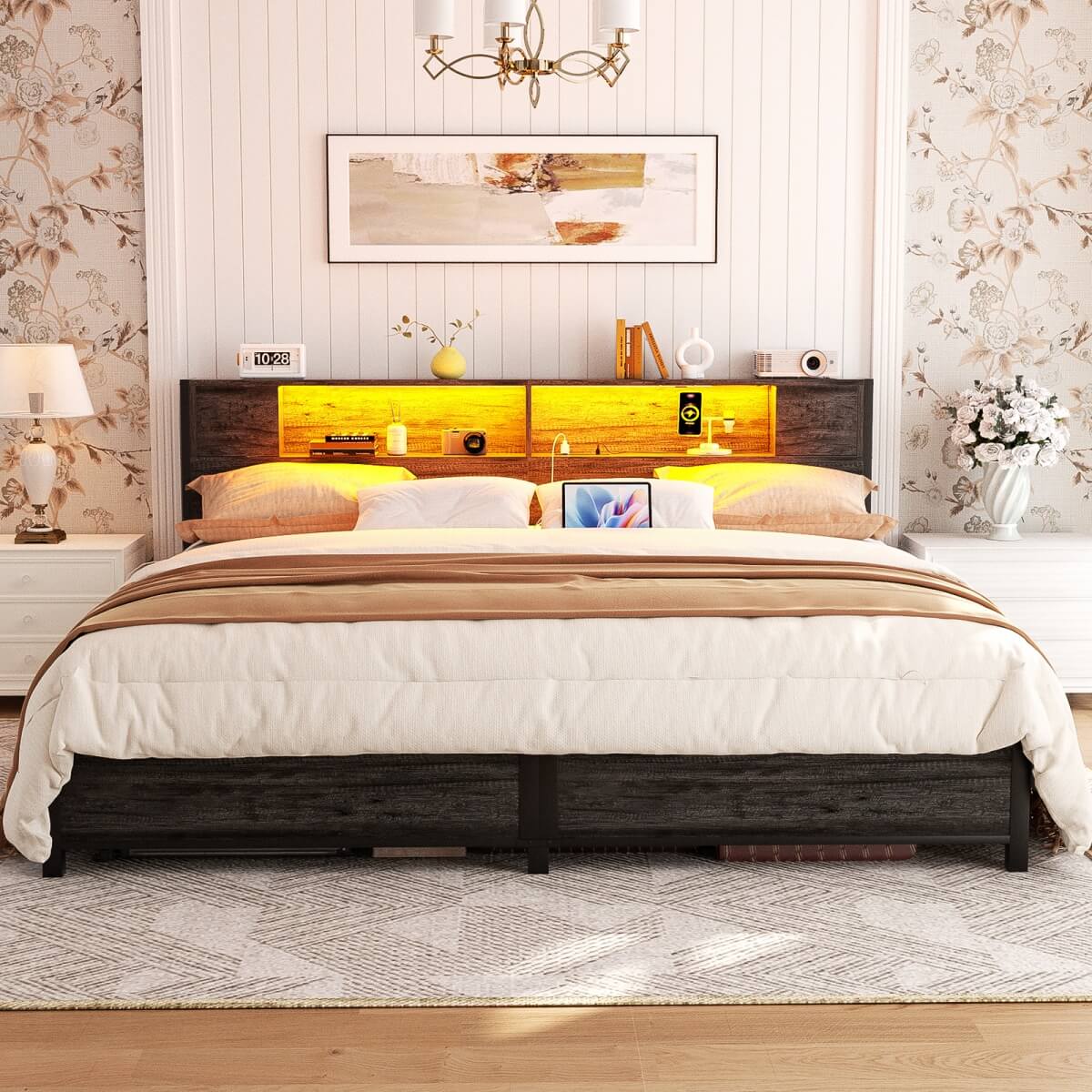 King Size Bed Frame with Storage Headboard, Built in Charging Station and LED Lights, 1000 lbs Capacity