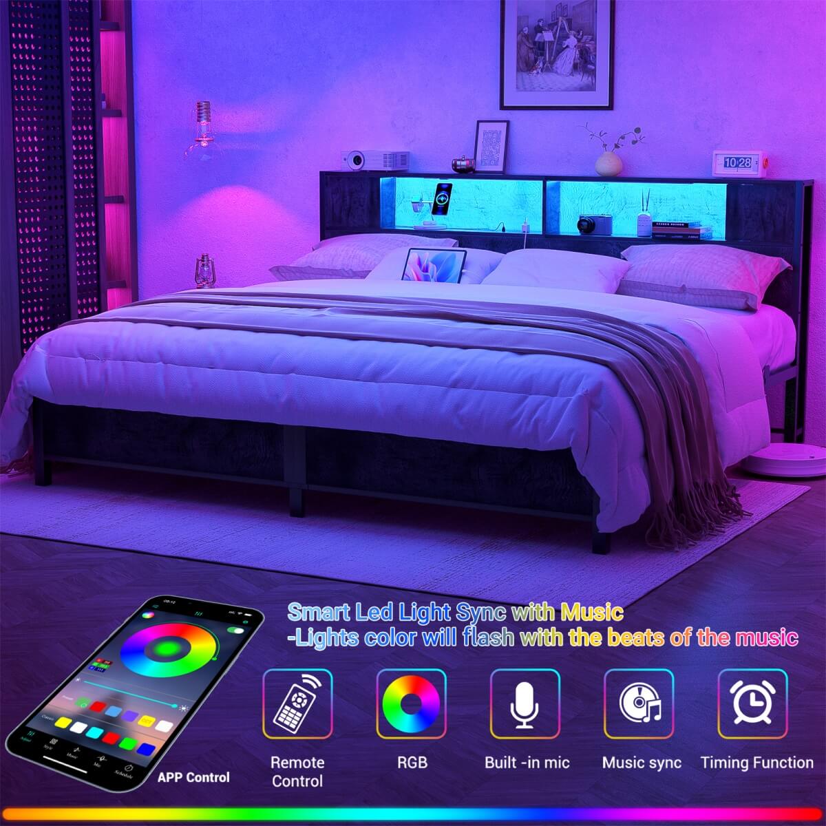 King Size Bed Frame with Storage Headboard, Built in Charging Station and LED Lights, 1000 lbs Capacity