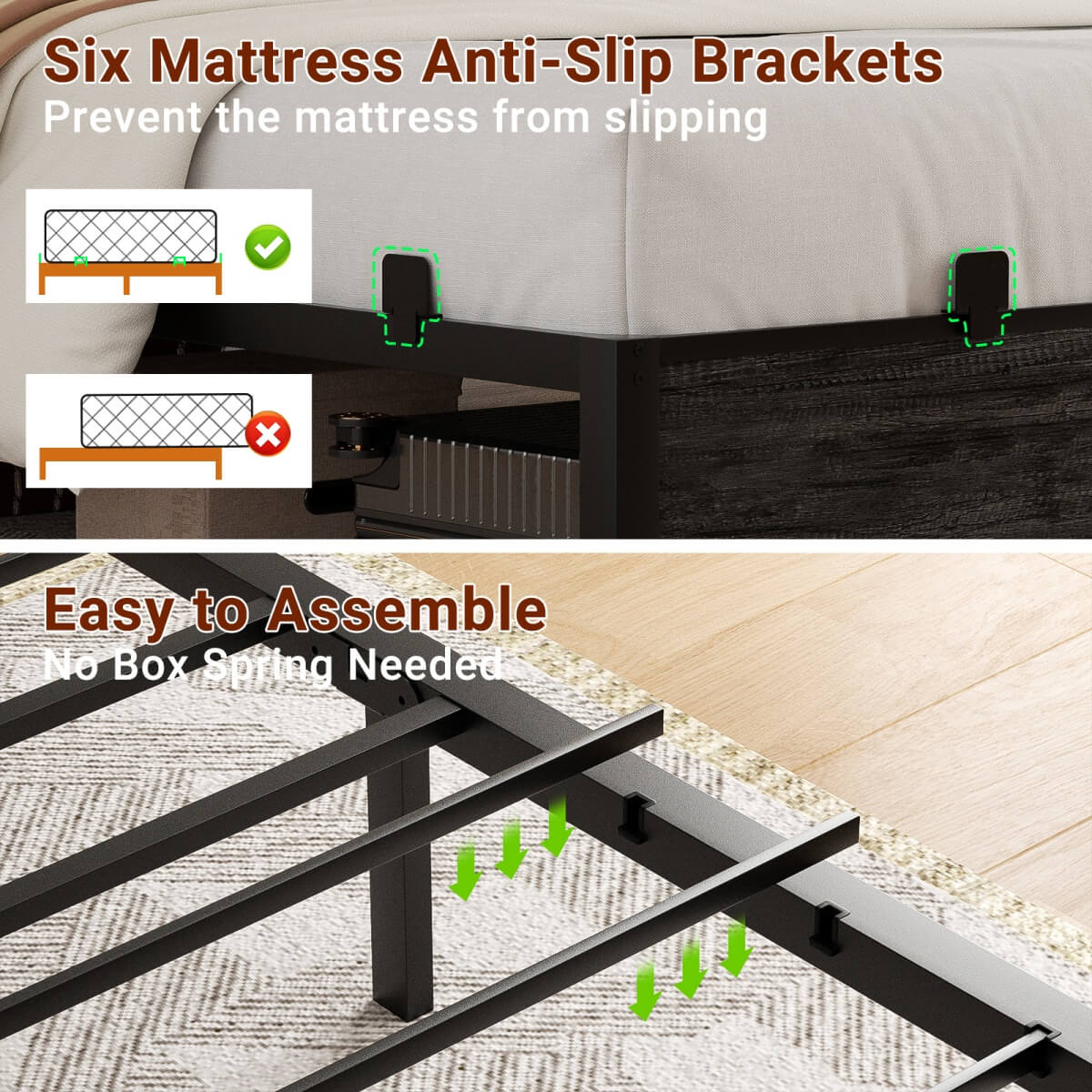 King Size Bed Frame with Storage Headboard, Built in Charging Station and LED Lights, 1000 lbs Capacity