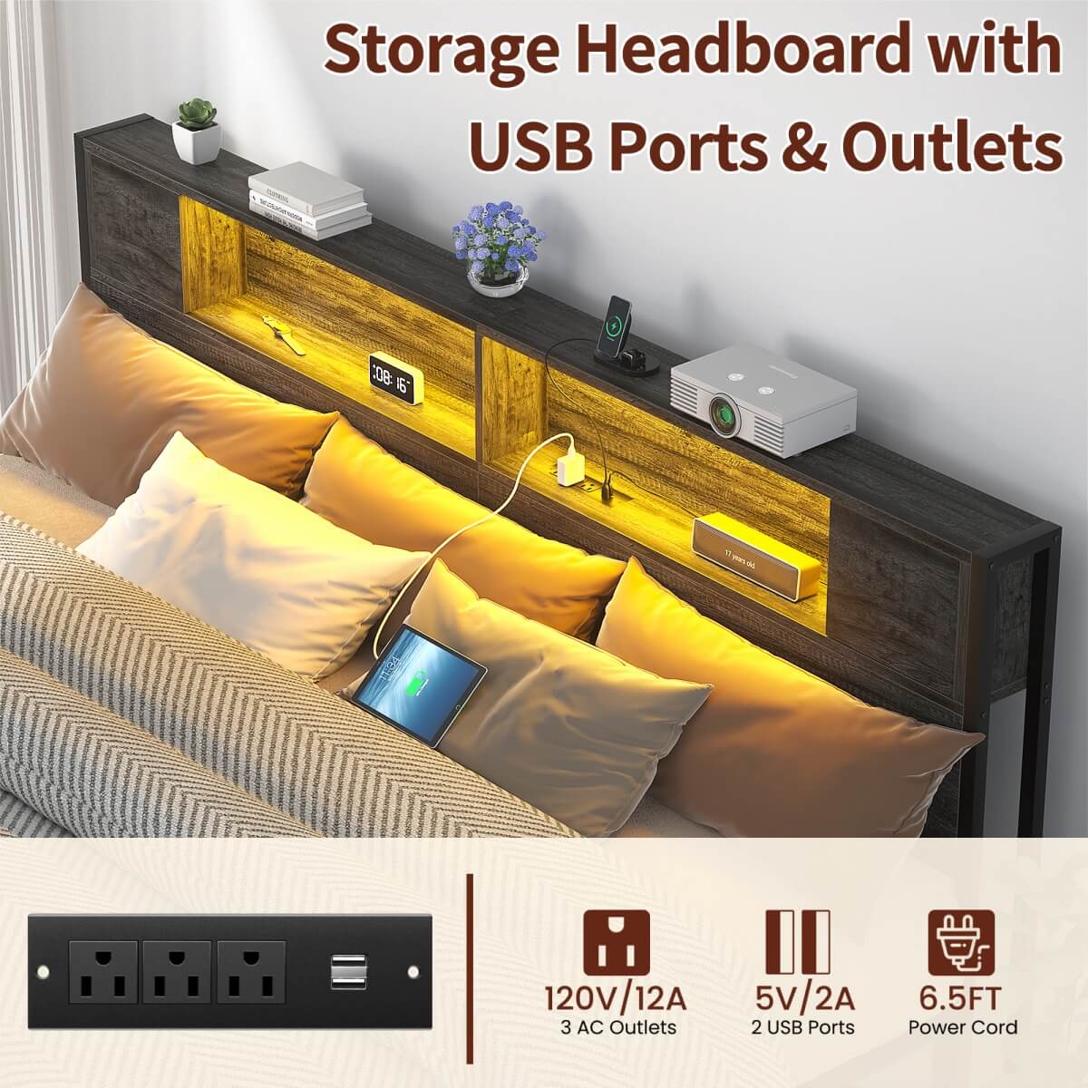 King Size Bed Frame with Storage Headboard, Built in Charging Station and LED Lights, 1000 lbs Capacity