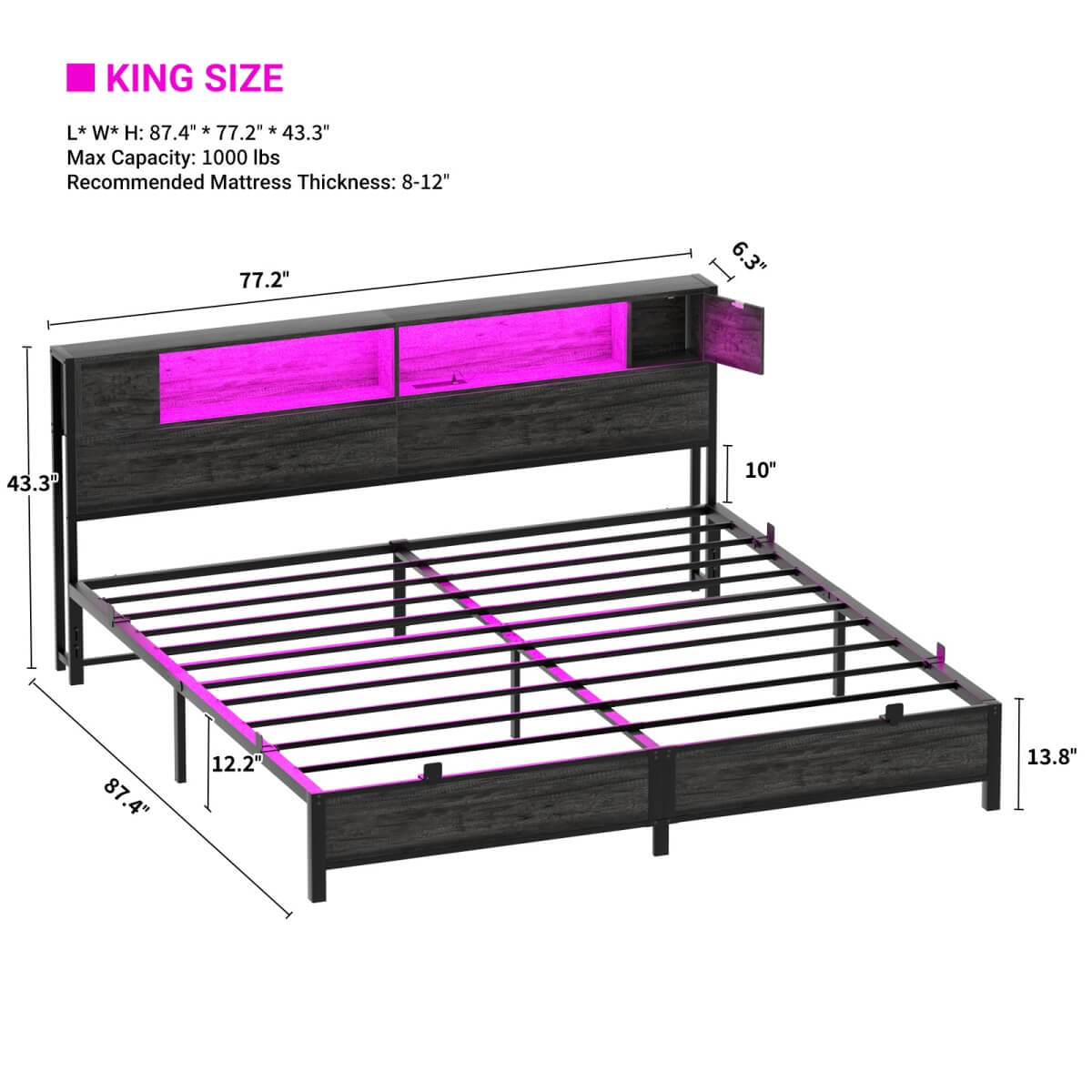 King Size Bed Frame with Storage Headboard, Built in Charging Station and LED Lights, 1000 lbs Capacity