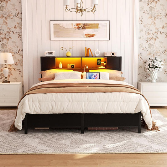 Queen Size Bed Frame with Storage Headboard, Built in Charging Station and LED Lights, 800 lbs Capacity