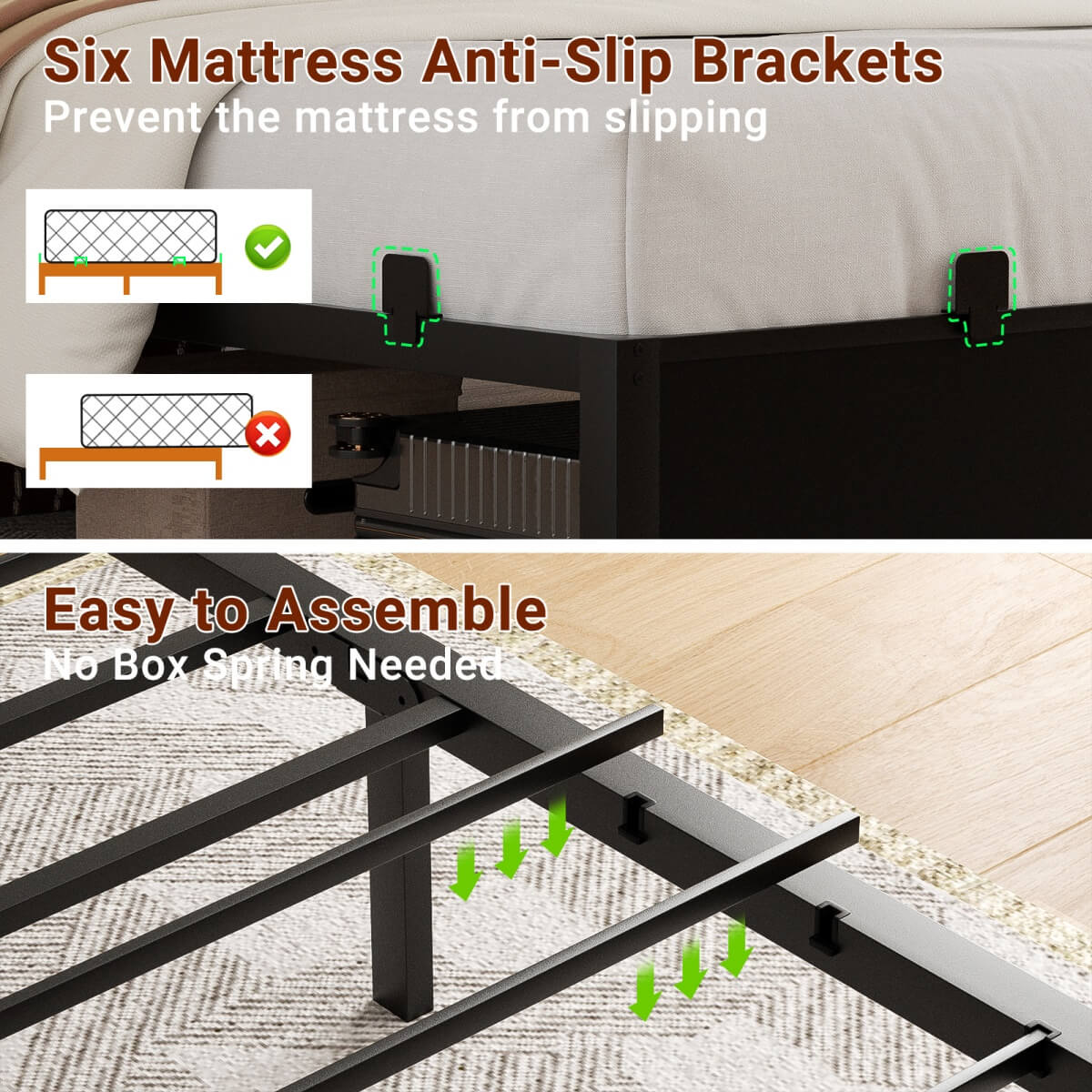 Queen Size Bed Frame with Storage Headboard, Built in Charging Station and LED Lights, 800 lbs Capacity