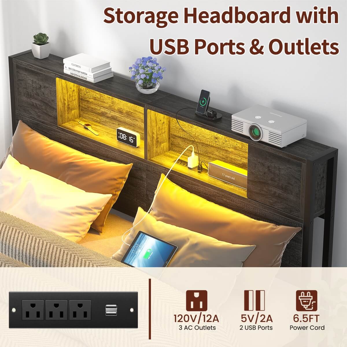 Queen Size Bed Frame with Storage Headboard, Built in Charging Station and LED Lights, 800 lbs Capacity