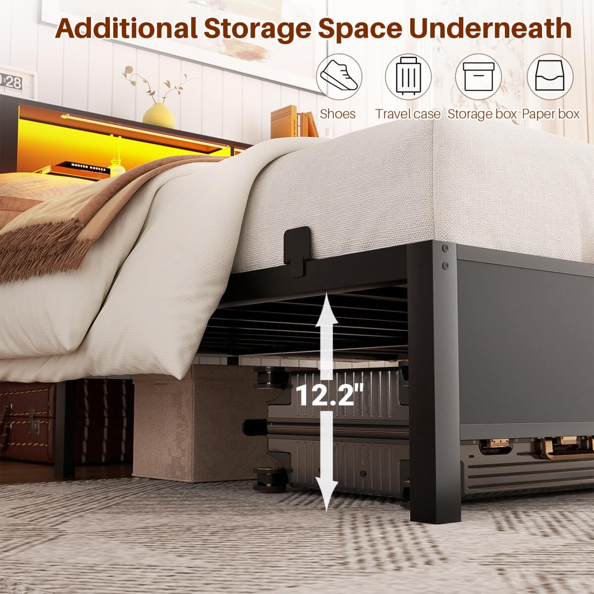 Queen Size Bed Frame with Storage Headboard, Built in Charging Station and LED Lights, 800 lbs Capacity