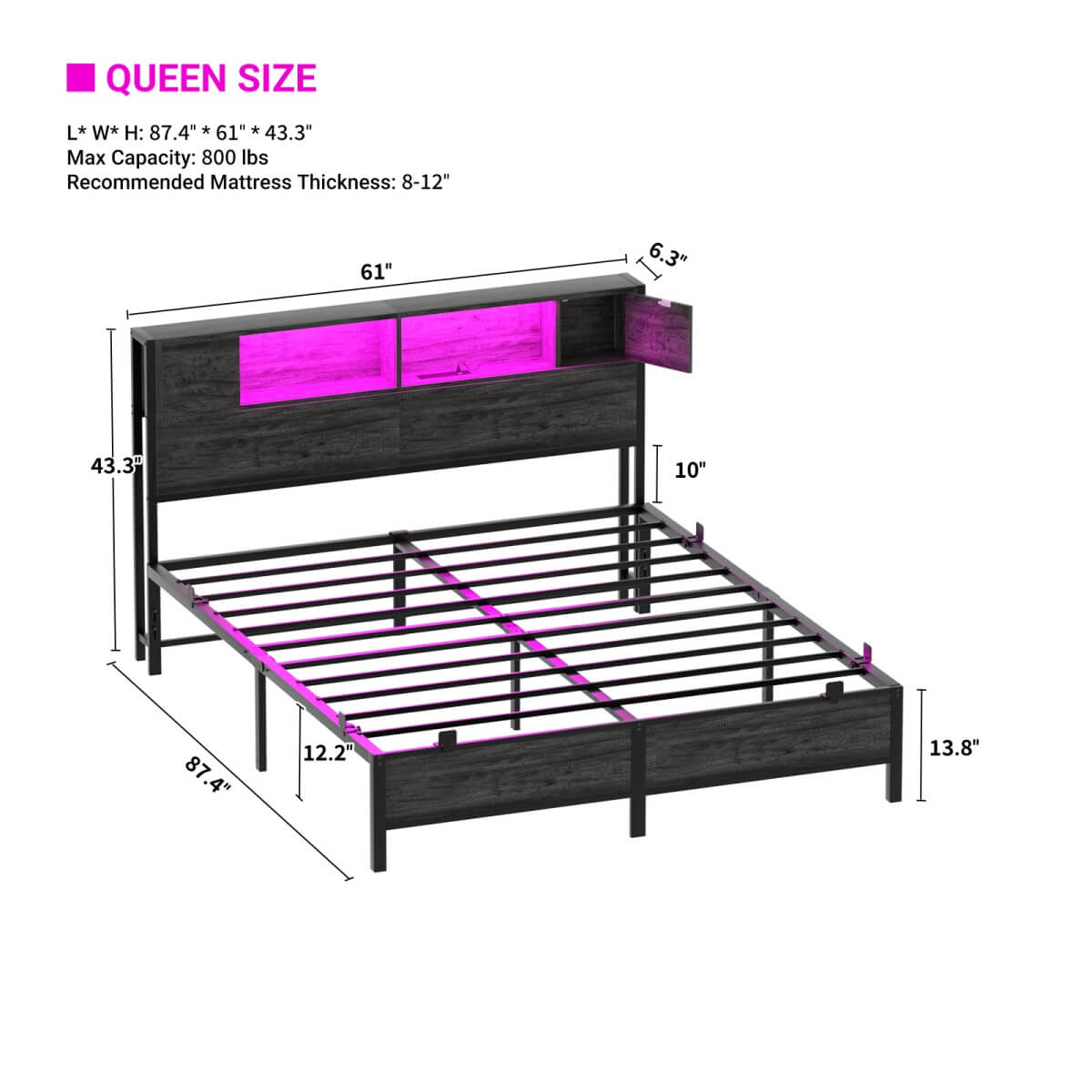 Queen Size Bed Frame with Storage Headboard, Built in Charging Station and LED Lights, 800 lbs Capacity