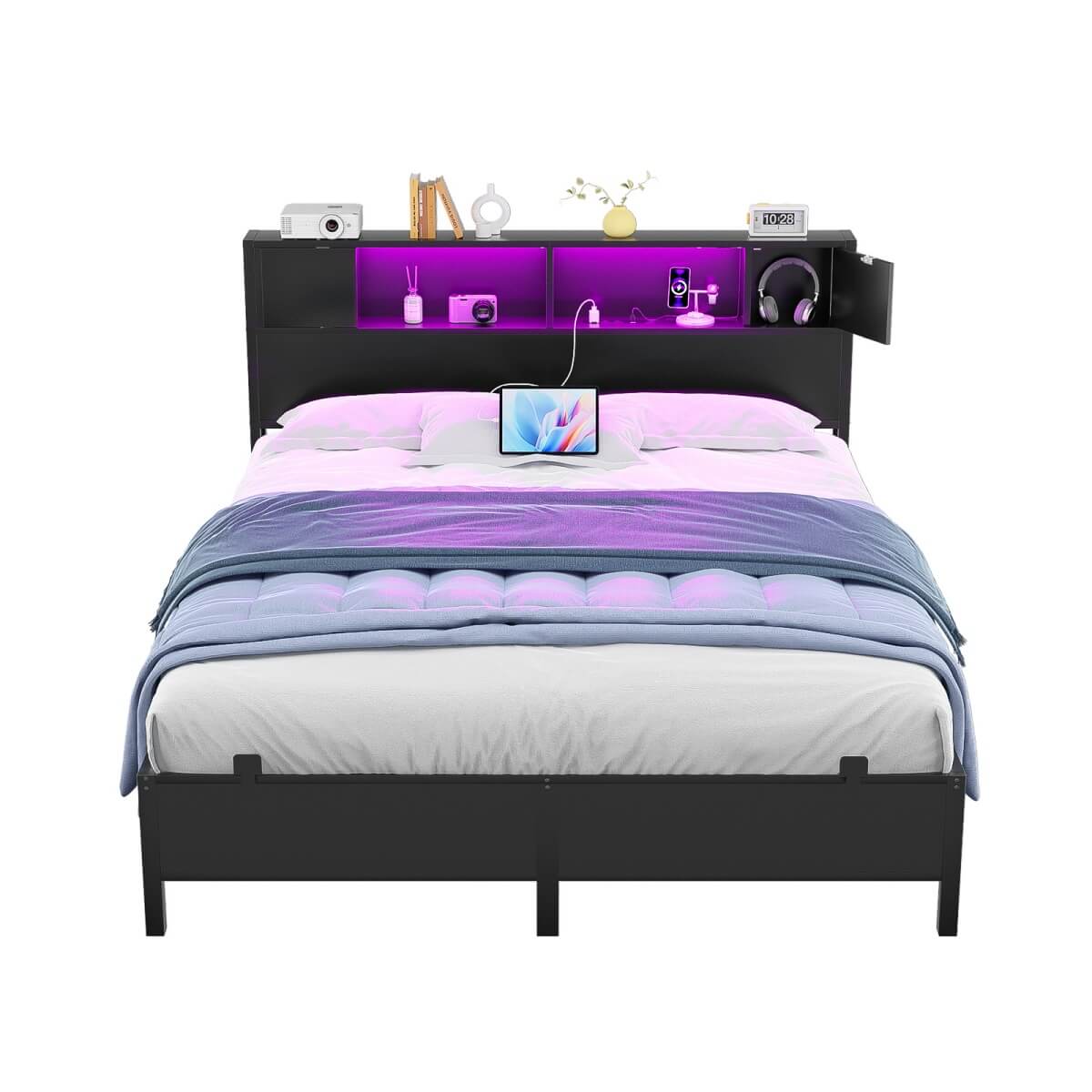 Queen Size Bed Frame with Storage Headboard, Built in Charging Station and LED Lights, 800 lbs Capacity