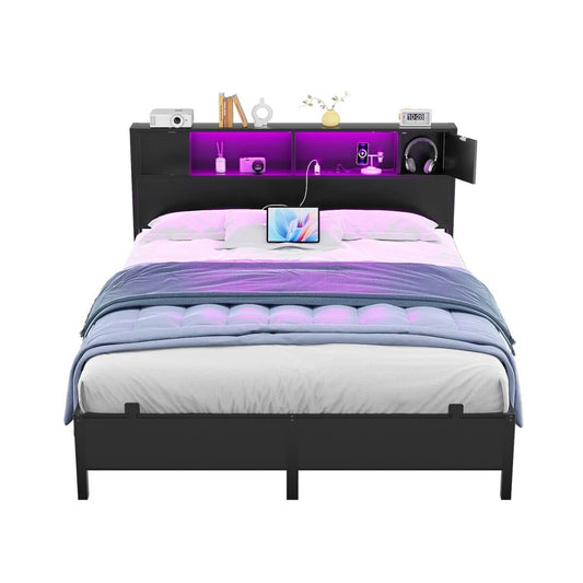 Queen Size Bed Frame with Storage Headboard, Built in Charging Station and LED Lights, 800 lbs Capacity