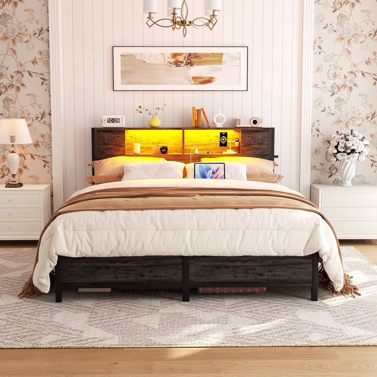 Queen Size Bed Frame with Storage Headboard, Built in Charging Station and LED Lights, 800 lbs Capacity