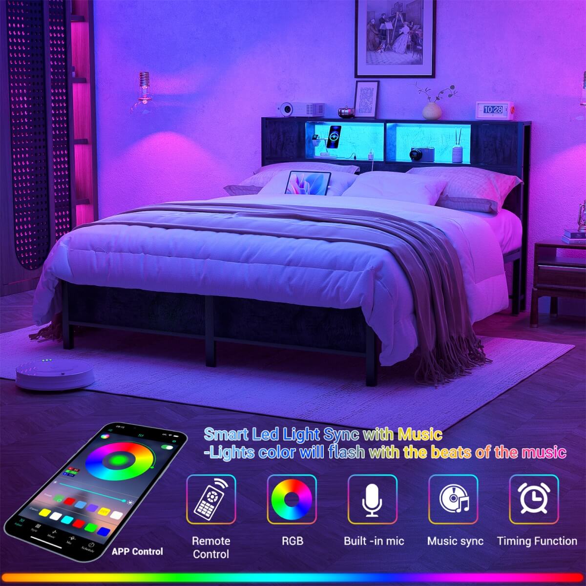 Queen Size Bed Frame with Storage Headboard, Built in Charging Station and LED Lights, 800 lbs Capacity