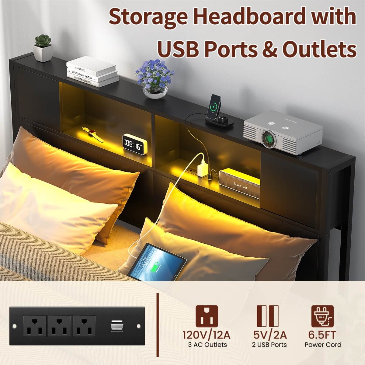 Queen Size Bed Frame with Storage Headboard, Built in Charging Station and LED Lights, 800 lbs Capacity